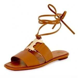 NWOB Tory Burch Gemini Link Lace Up Wrap Flat Royal Tan/Gold Leather Sandals